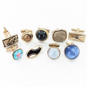 Vintage Gold Tone Cufflinks and Tie Clip Assorted Styles Colors 9 Piece